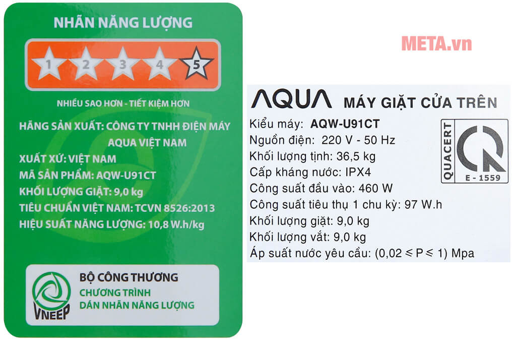 Máy giặt lồng đứng Aqua 9 Kg AQW-U91CT(N)