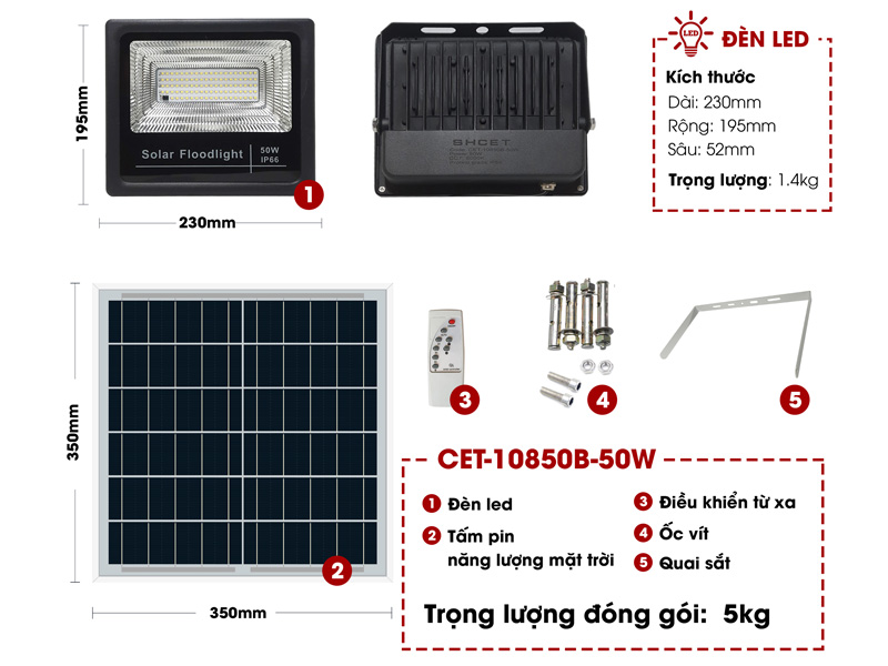 Đèn Solar Led năng lượng mặt trời CET-10850B-50W (chiếu sáng 180m2)