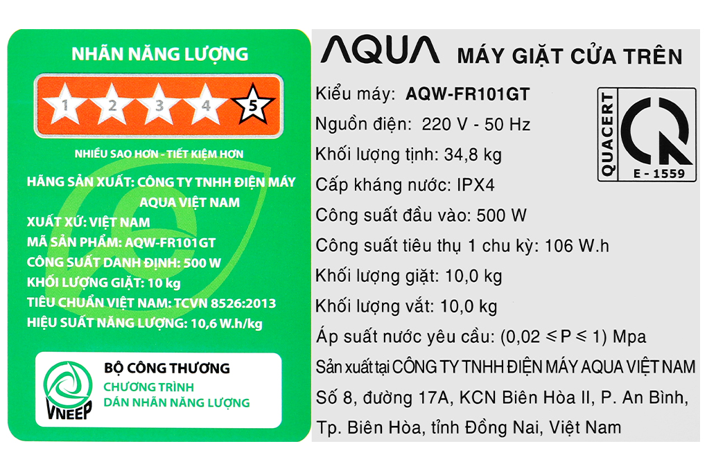 Máy giặt Aqua AQW-FR101GT BK - 10kg
