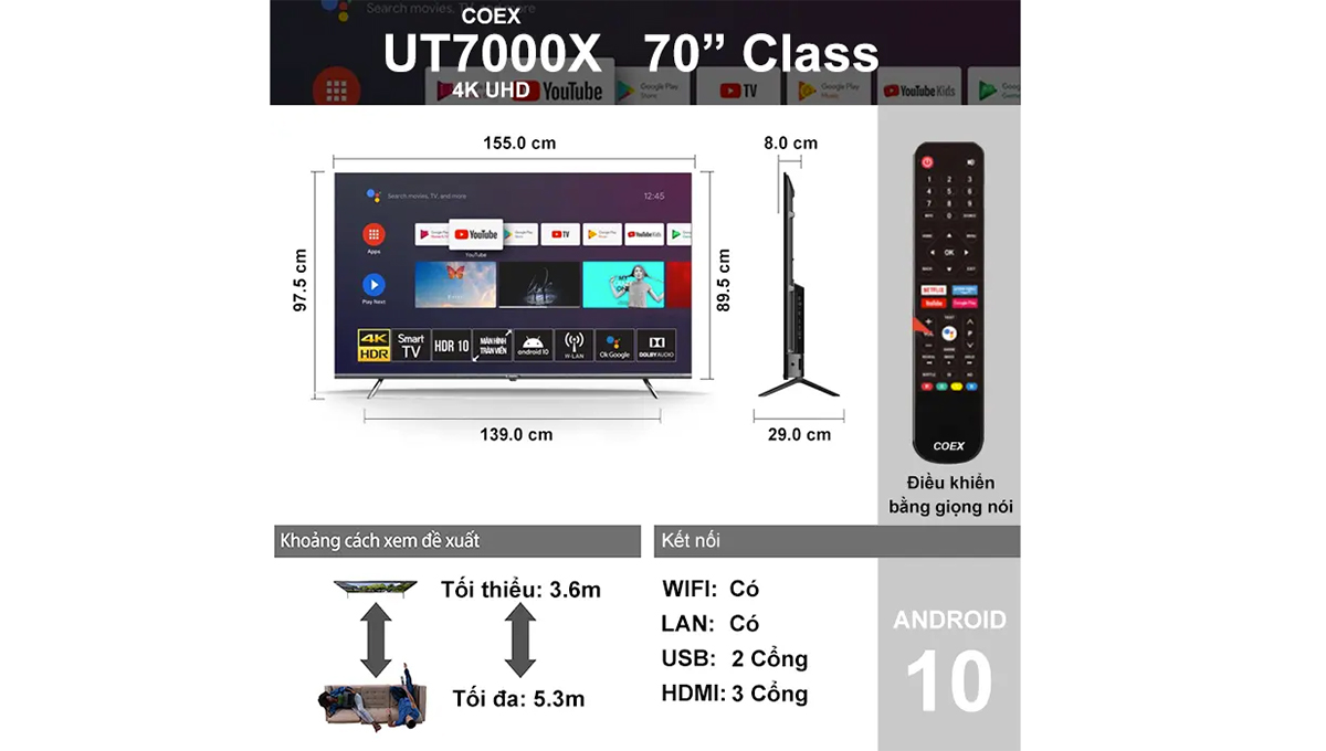 Smart Tivi Coex 4K 70 inch 70UT7000X Android 10