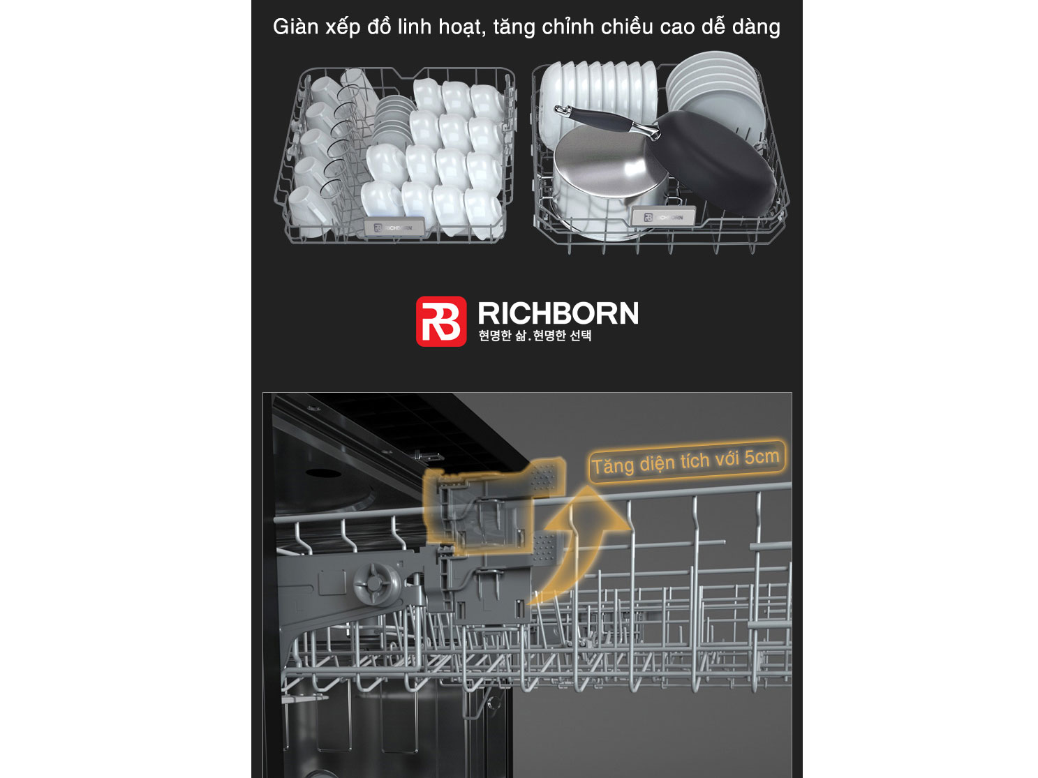 Máy rửa bát Richborn RDP6085SKS (16 bộ - sấy chuyên biệt)