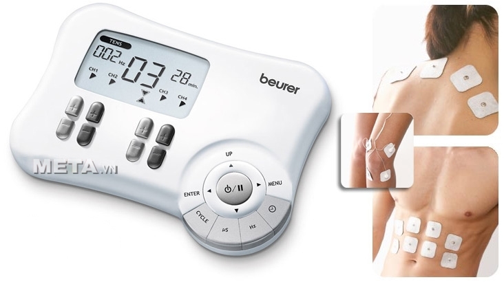 Máy massage xung điện Beurer EM80 gồm 4 kênh riêng biệt có thể điều chỉnh với 8 điện cực tự dính.