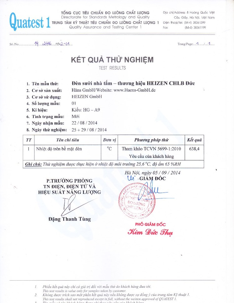 Kết quả thử nghiệm đèn sưởi nhà tắm không chói mắt Heizen HEIT-R đạt tiêu chuẩn về độ an toàn.