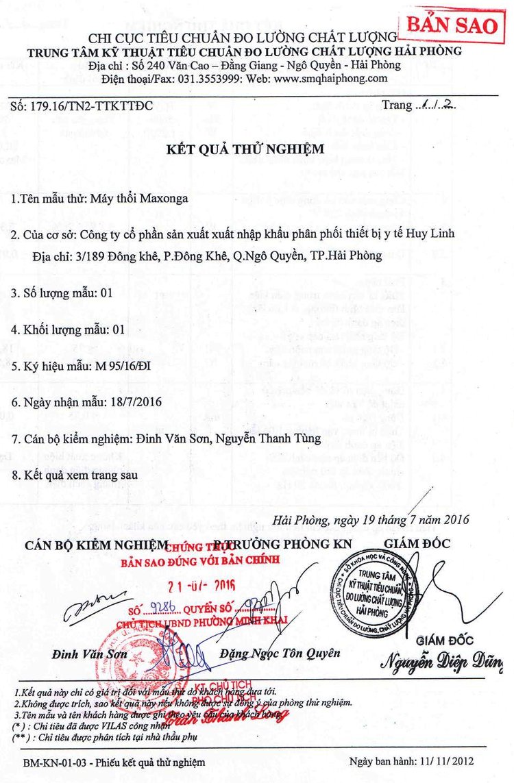 Máy xông cứu ngải Maxonga 2016 được Cục Tiêu chuẩn đo lường chất lượng kiểm định 