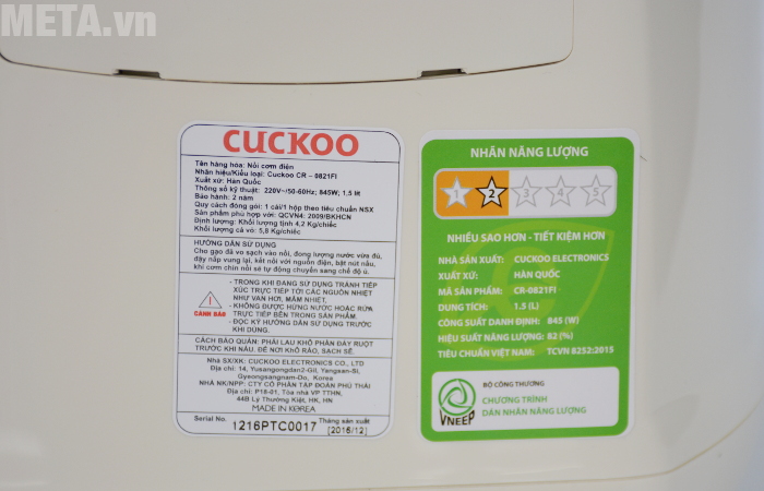 Nhãn năng lượng của nồi cơm Cuckoo CR-0821FI