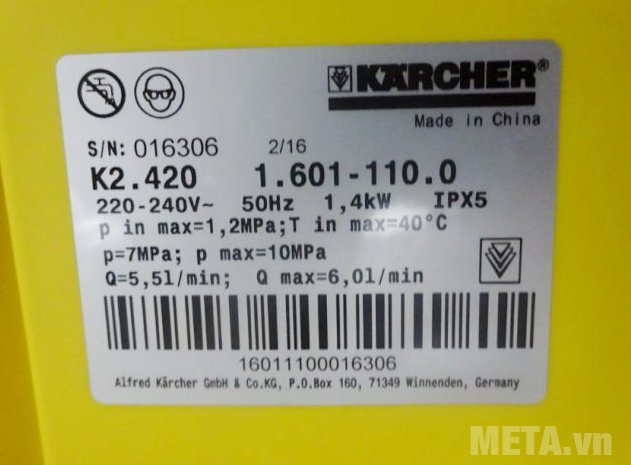 Máy phun rửa áp lực Karcher K2 420 có nhiệt độ nước cấp tối đa 40 độ C  