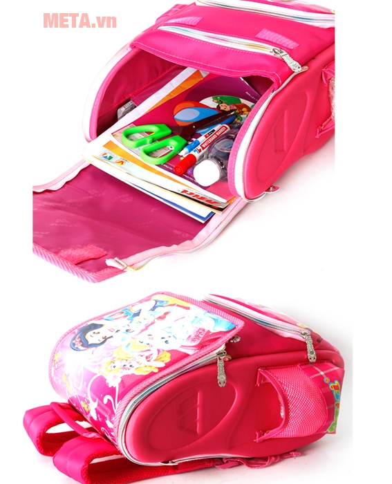 chiếc ba lô lớp 1 được mở tung các ngăn, hiển thị cách sắp xếp sách vở khoa học bên trong