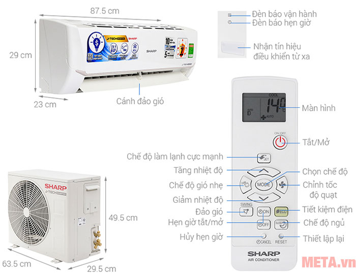 Chú thích các nút chức năng và kích thước của điều hòa