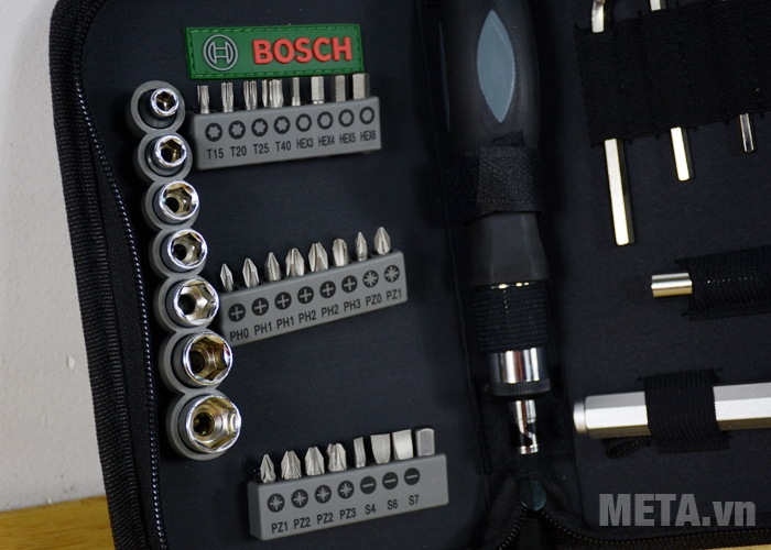 Bộ vặn vít đa năng Bosch 38 chi tiết 2607019506 có túi đựng bằng vải với khóa kéo chắc chắn