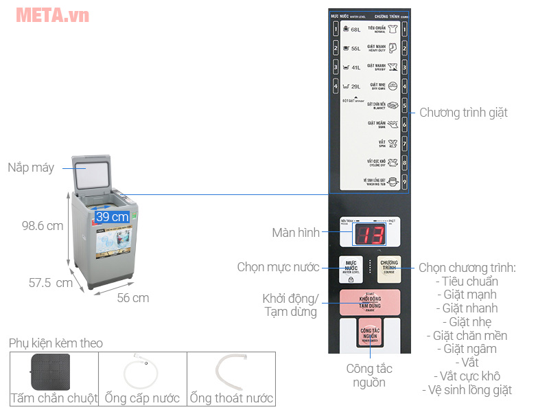 Cấu tạo và kích thước của máy giặt AQUA 9kg AQW S90CT