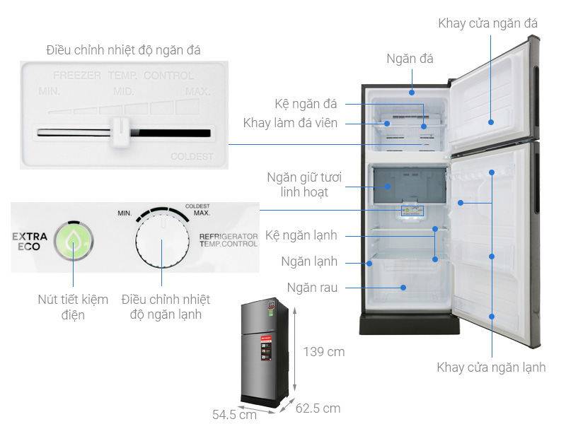 Cấu tạo và kích thước của tủ lạnh Sharp
