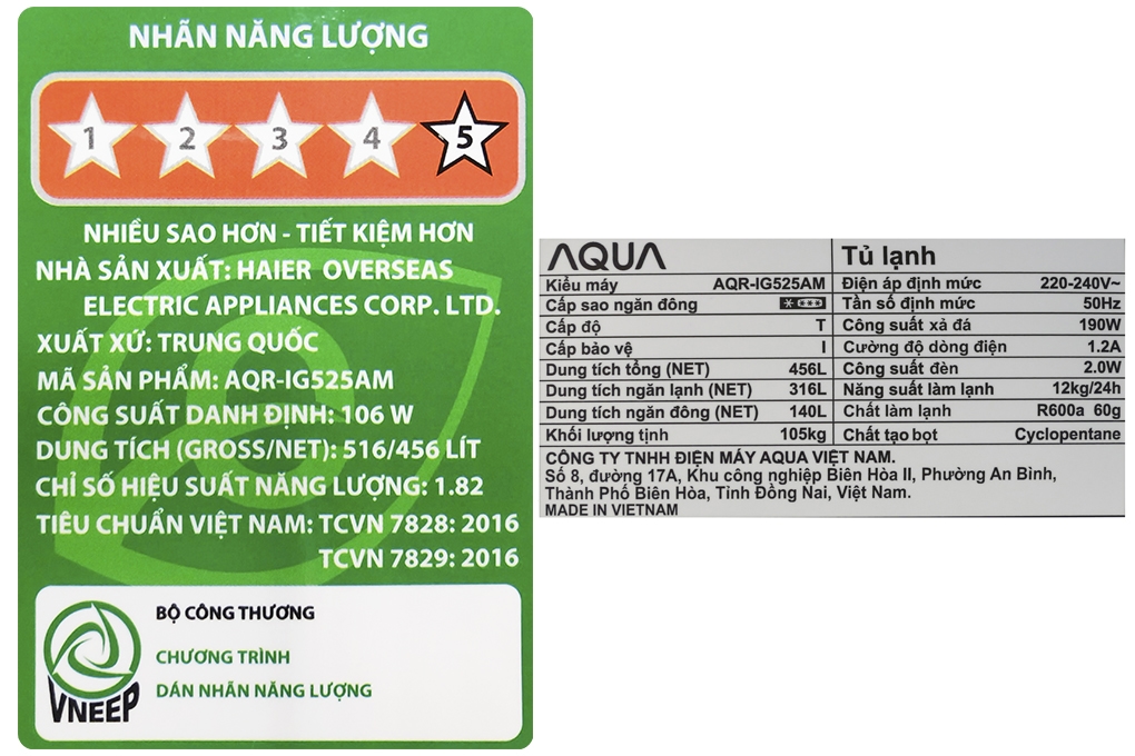 Thông số của tủ lạnh inverter Aqua AQR-IG525AM 456 lít