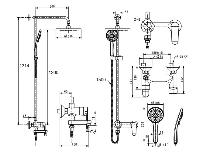 Bản vẽ kỹ thuật của vòi sen cây WF-9089