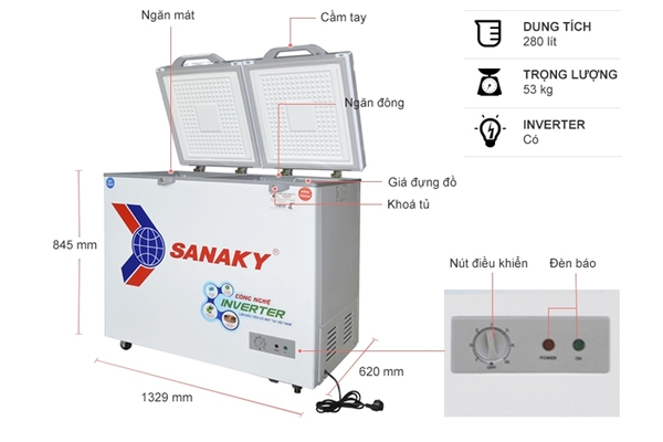  Tủ đông 2 ngăn đông và mát inverter Sanaky VH-4099W4K (280 lít , nắp kính xám)