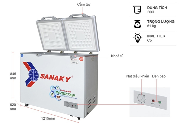 Tủ đông Sanaky 2 ngăn đông và mát VH-3699W4K (260L, nắp kính xám)