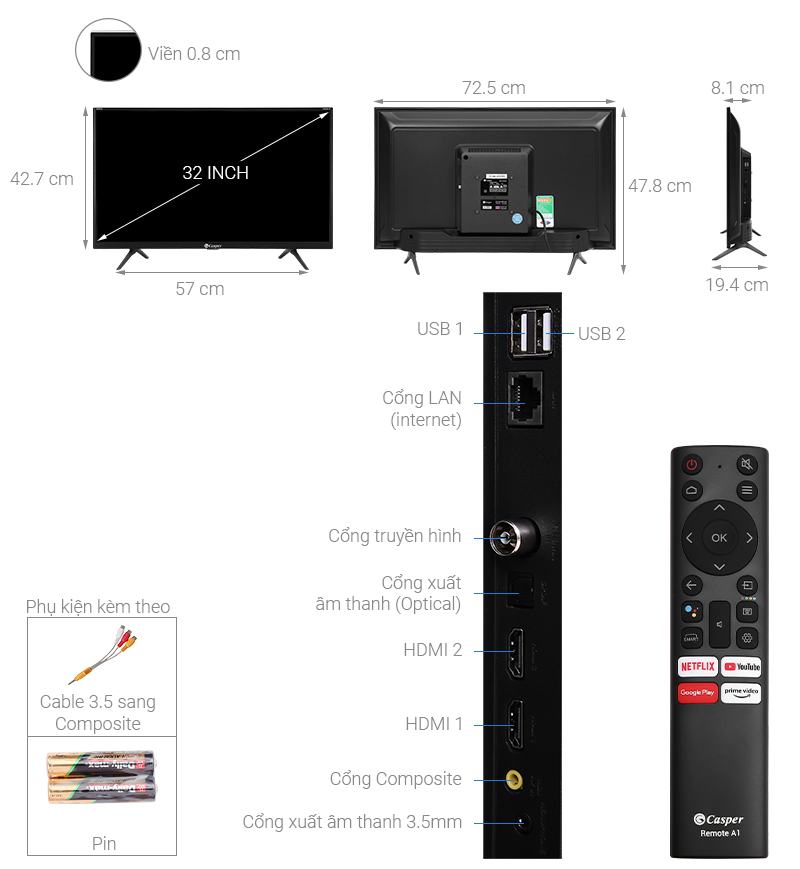 Thông số chung của smart tivi Casper 32 inch 32HG5200