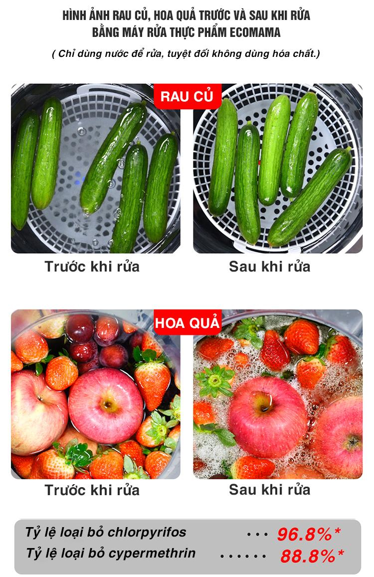 Rau củ, hoa quả trước và sau khi rửa bằng Ecomama EC-11