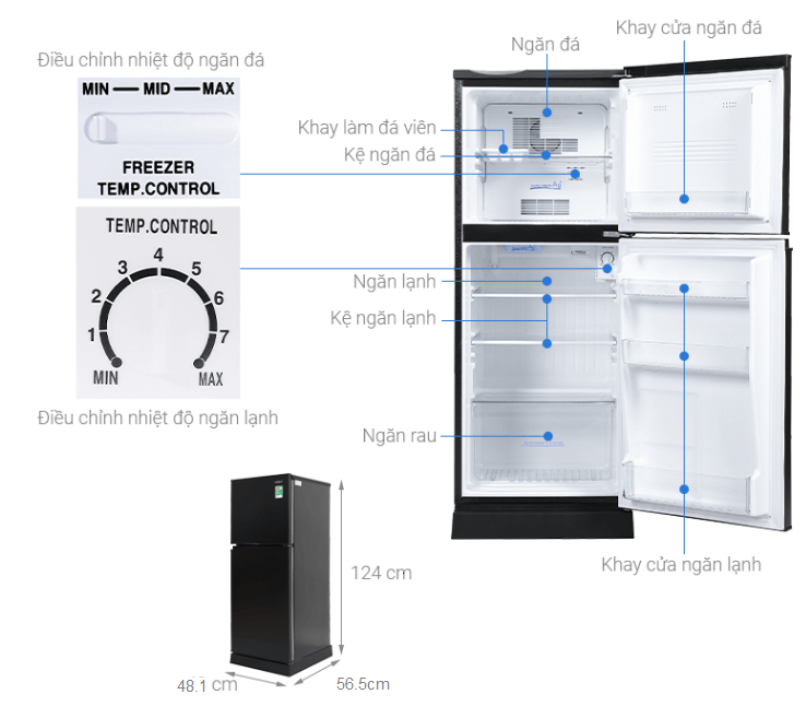Cấu tạo tủ lạnh Aqua 130 lít AQR-T150FA (BS)