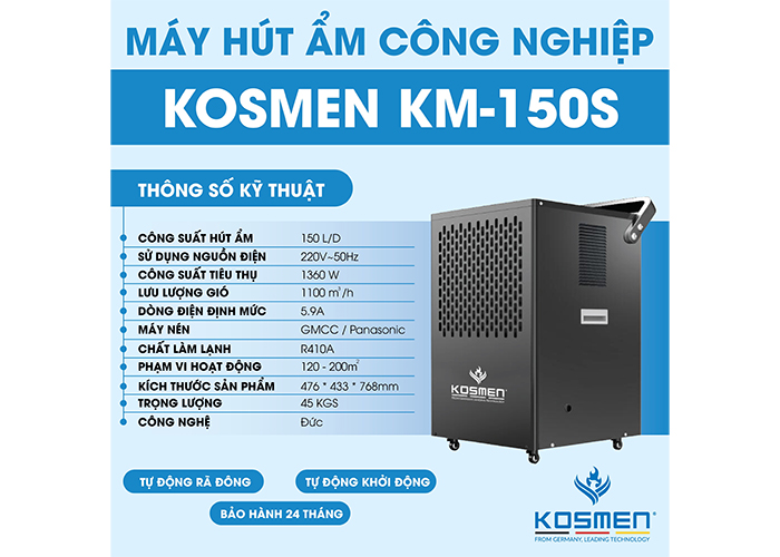 Thông số kỹ thuật của Kosmen KM-150S Máy hút ẩm