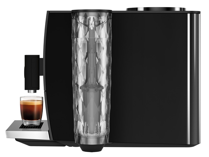 Máy pha cà phê tự động Jura ENA 4 với tông màu chủ đạo đen bóng, có bình nước pha lê