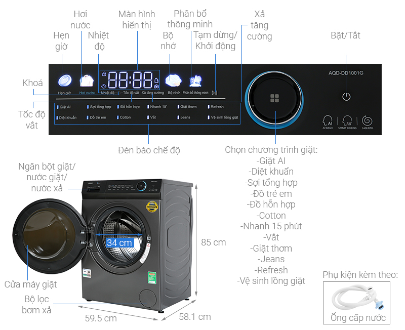Máy giặt Aqua Inverter 10kg AQD- DD1001G PS