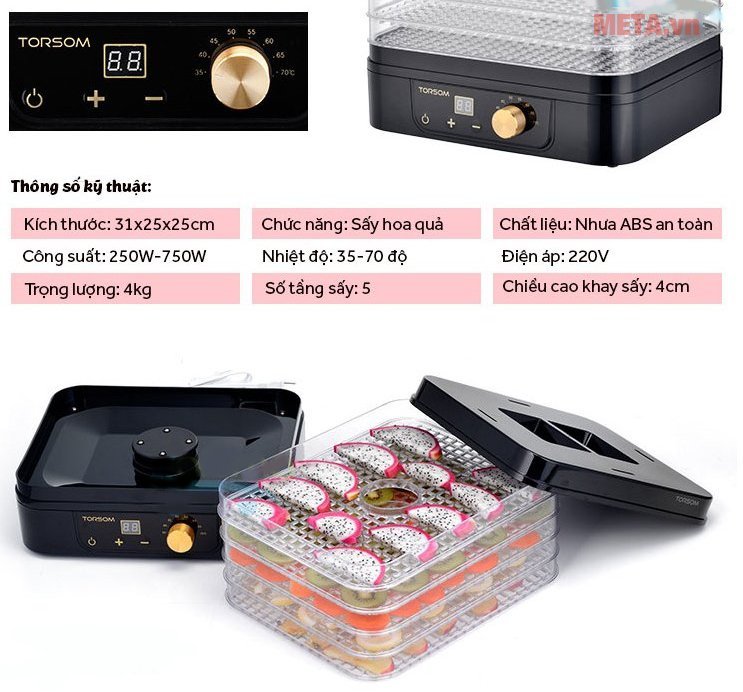 Máy sấy hoa quả thịt thực phẩm 5 tầng TORSOM TS-D2 có chức năng hẹn giờ sấy Máy sấy hoa quả thịt thực phẩm 5 tầng TORSOM TS-D2 có chức năng hẹn giờ sấy