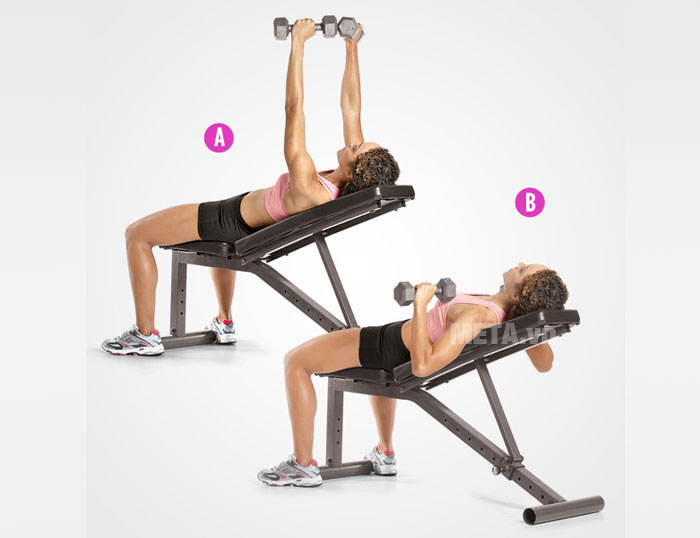 Động tác đẩy tạ tay ghế nghiêng Động tác đẩy tạ tay ghế nghiêng