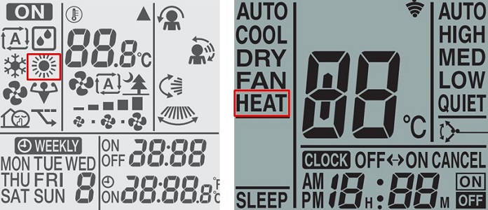 Chế độ HEAT được thể hiện trên điều khiển điều hòa bằng biểu tượng mặt trời hoặc bằng chữ. Chế độ HEAT được thể hiện trên điều khiển điều hòa bằng biểu tượng mặt trời hoặc bằng chữ.