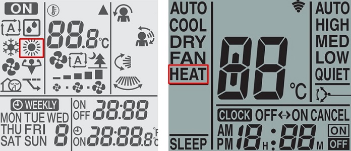 Chế độ HEAT được thể hiện trên điều khiển điều hòa bằng biểu tượng mặt trời hoặc bằng chữ.