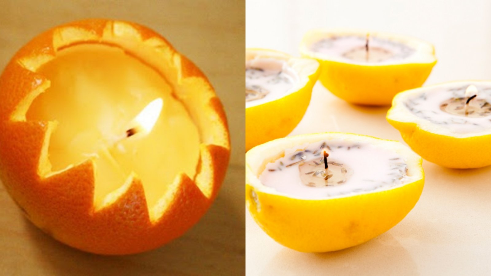 Dùng vỏ cam, vỏ chanh làm đế để tạo ra nến thơm hương cam, chanh tự nhiên