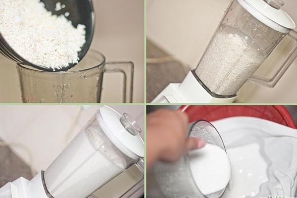 Cho gạo vào cối xay sinh tố để xay thành bột gạo