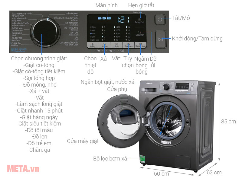 Chi tiết cấu tạo của máy giặt Samsung 9kg