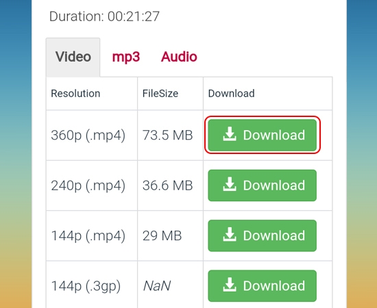 Chọn chất lượng video (thường là 360 (.mp4)), rồi nhấn “Download”