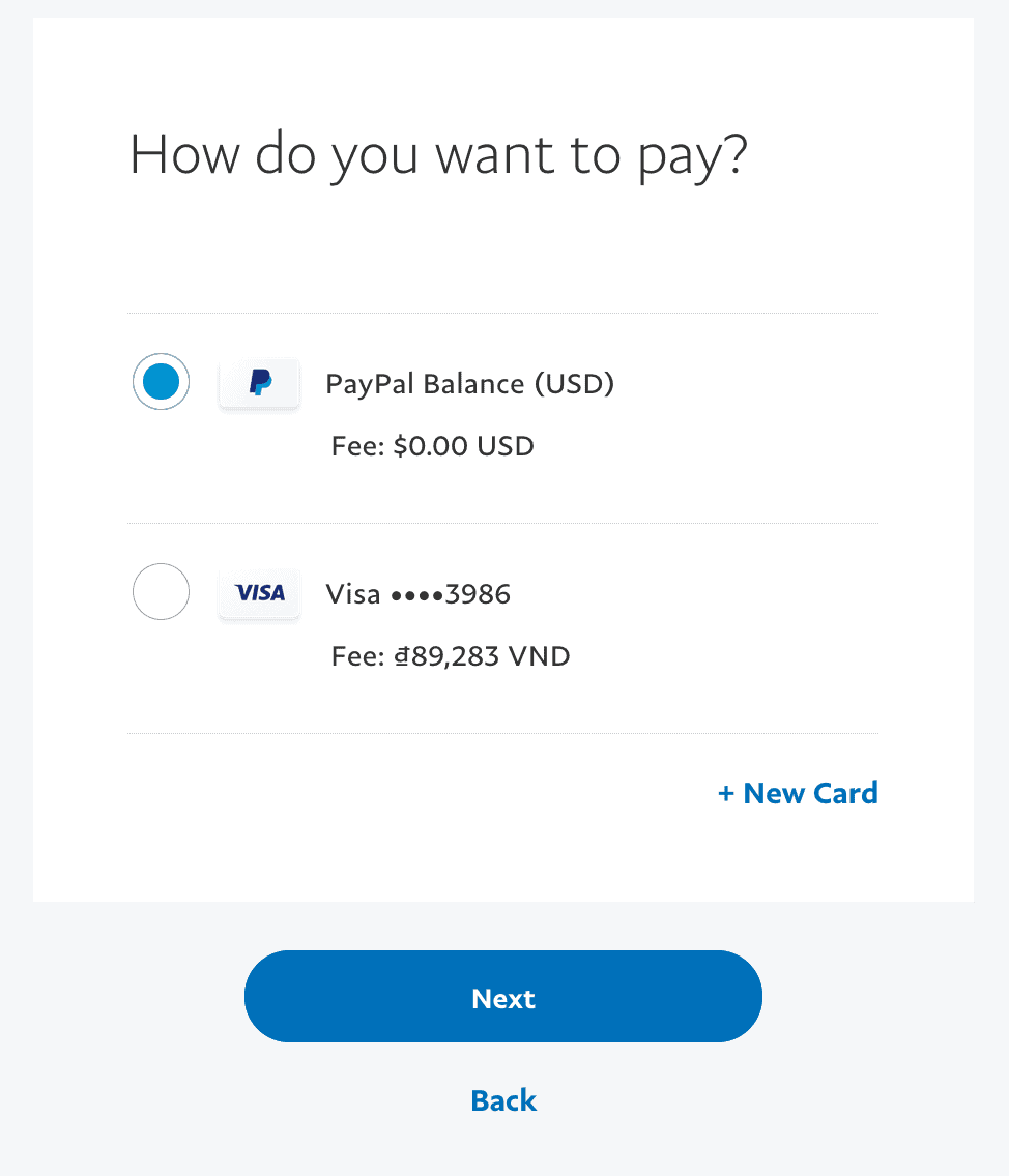 Lựa chọn nguồn tiền PayPal