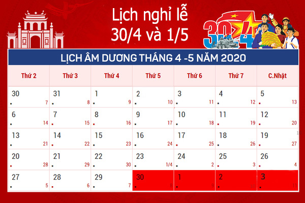 Lịch nghỉ lễ 30/4 và 1/5