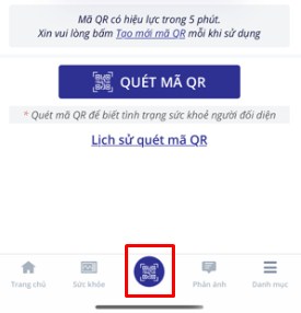 Phần Quét mã check in trên trang chủ ứng dụng NCOVI