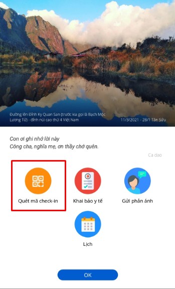 Chọn Quét mã check in trên giao diện trang chủ ứng dụng Bluezone