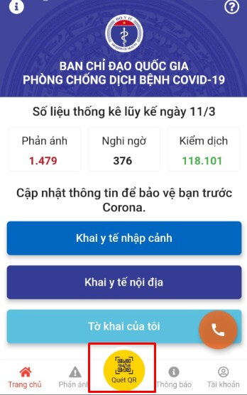 Mục Quét mã check in trên giao diện trang chủ ứng dụng Vietnam Health Declaration