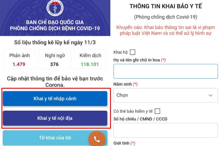 Chọn hình thức khai báo phù hợp rồi điền thông tin