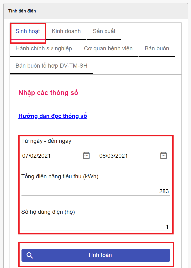 Nhập các thông số theo yêu cầu để tính tiền điện.