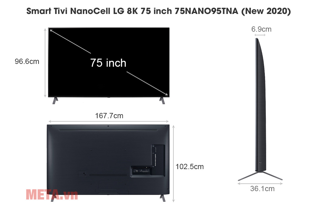 Kích thước Smart Tivi NanoCell LG 8K 75 inch 75NANO95TNA (New 2020)