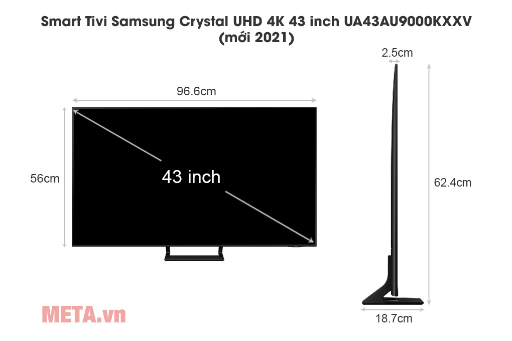 Kích thước Smart Tivi Samsung Crystal UHD 4K 43 inch UA43AU9000KXXV (mới 2021)