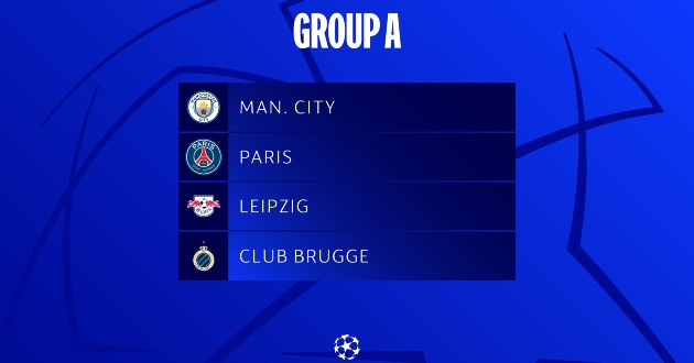 4 đội bóng góp mặt tại bảng A Cúp C1 châu Âu UEFA Champions League 2021/22: Manchester City, Paris Saint-Germain, Leipzig, Club Brugge.