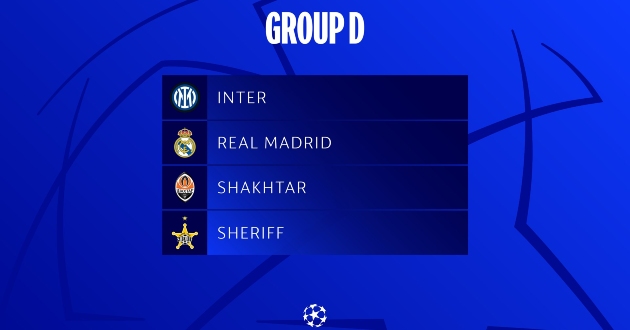 4 đội bóng góp mặt tại bảng D Cúp C1 châu Âu UEFA Champions League 2021/22: Inter Milan, Real Madrid, Shakhtar Donetsk, Sheriff Tiraspol.