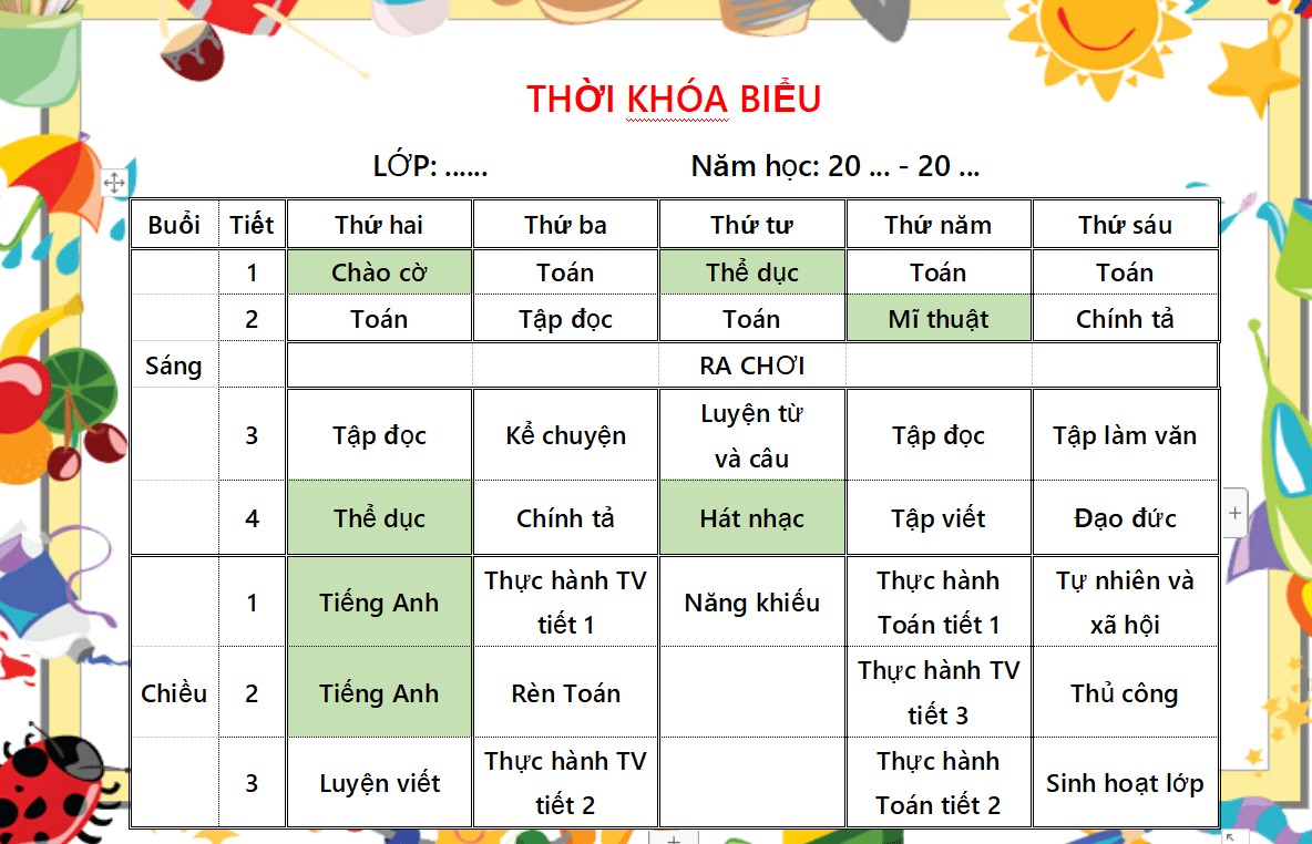 Mẫu thời khóa biểu tiểu học đẹp