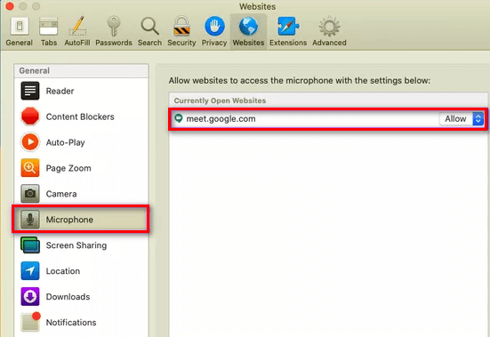 Cấp quyền truy cập micro trên Google Meet với trình duyệt Safari