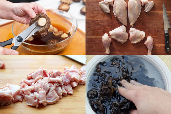 Sơ chế nguyên liệu nấu đông thịt gà và thịt lợn