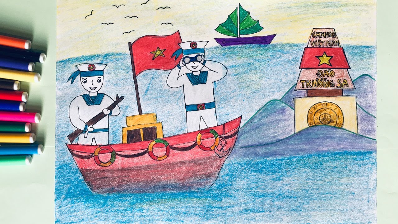Cách vẽ bức tranh đẹp và đơn giản về chú bộ đội hải quân đang canh giữ biển đảo