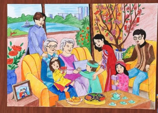 Tranh vẽ đề tài gia đình anime hạnh phúc