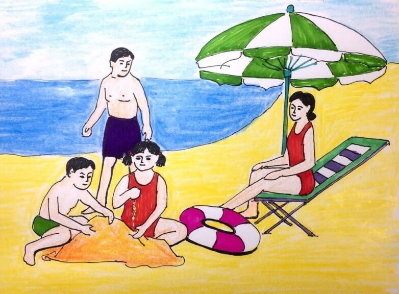Vẽ tranh đề tài gia đình đi tắm biển